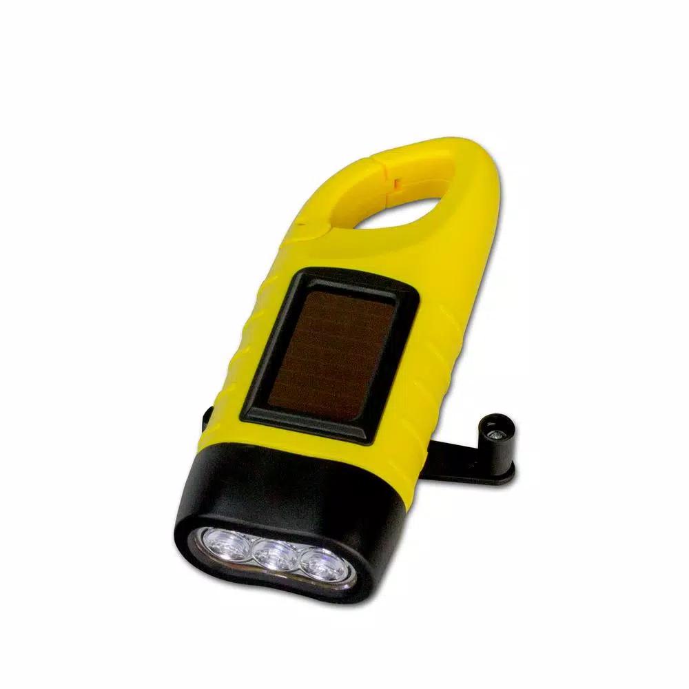 Mayday Hand Crank Flashlight with Solar Panel and Clip, Yellow