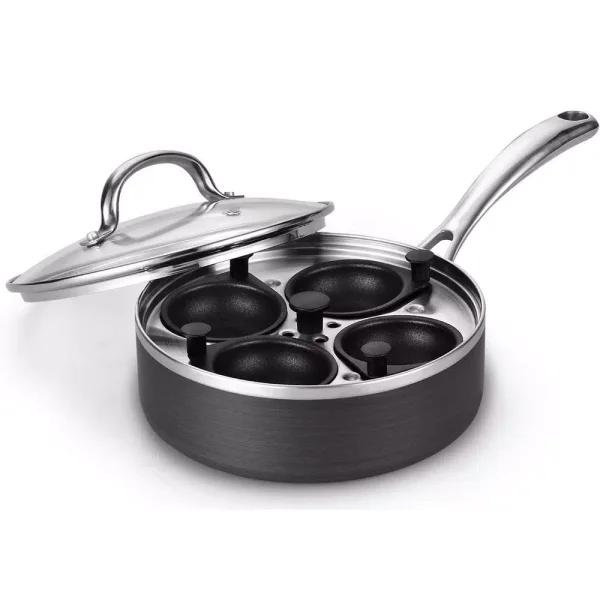 Cooks Standard 8 in. Hard Anodized Nonstick 4-Cup Egg Poacher Pan with Tempered Glass Lid