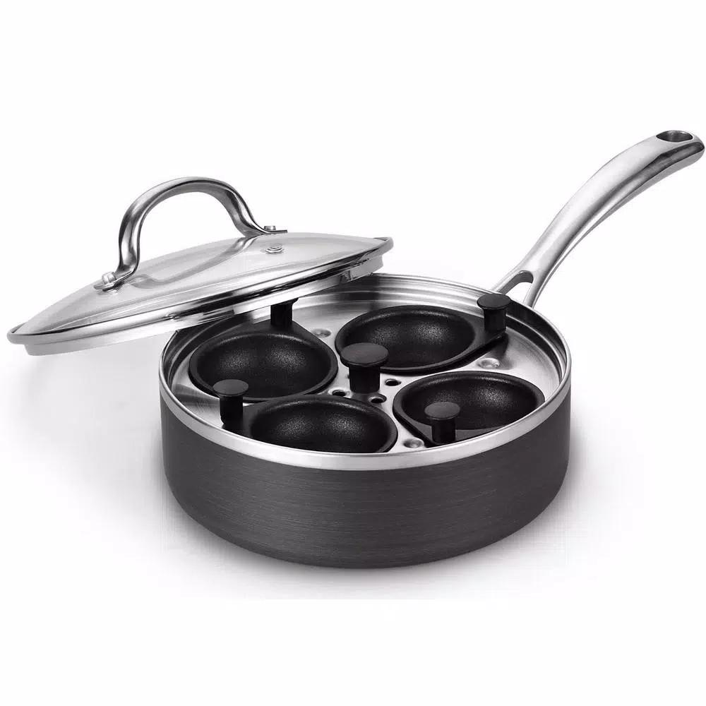 Cooks Standard 8 in. Hard Anodized Nonstick 4-Cup Egg Poacher Pan with Tempered Glass Lid