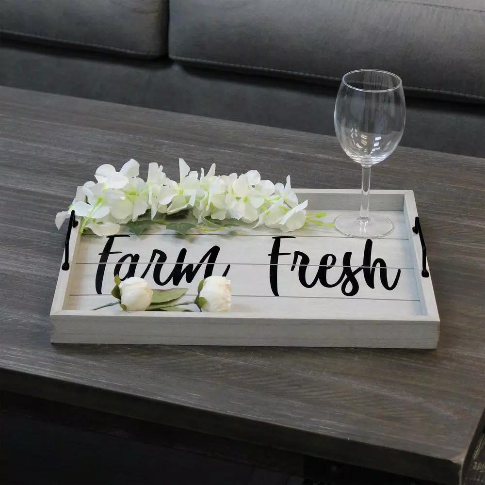 Elegant Designs Farm Fresh Gray Wash Decorative Wood Serving Tray with Black Metal Handles