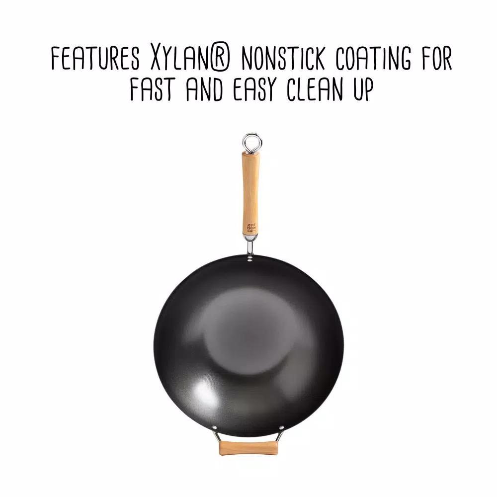 Honey-Can-Do Joyce Chen 4-Piece Carbon Steel Non-Stick Wok Set with High Dome Lid, Bamboo Spatula, and Recipe Booklet