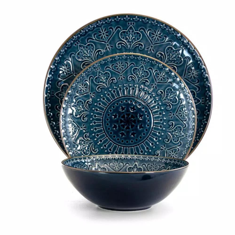 Elama Deepsea Mozaic 16-Piece Sea Blue Stoneware Dinnerware Set, Service for 4