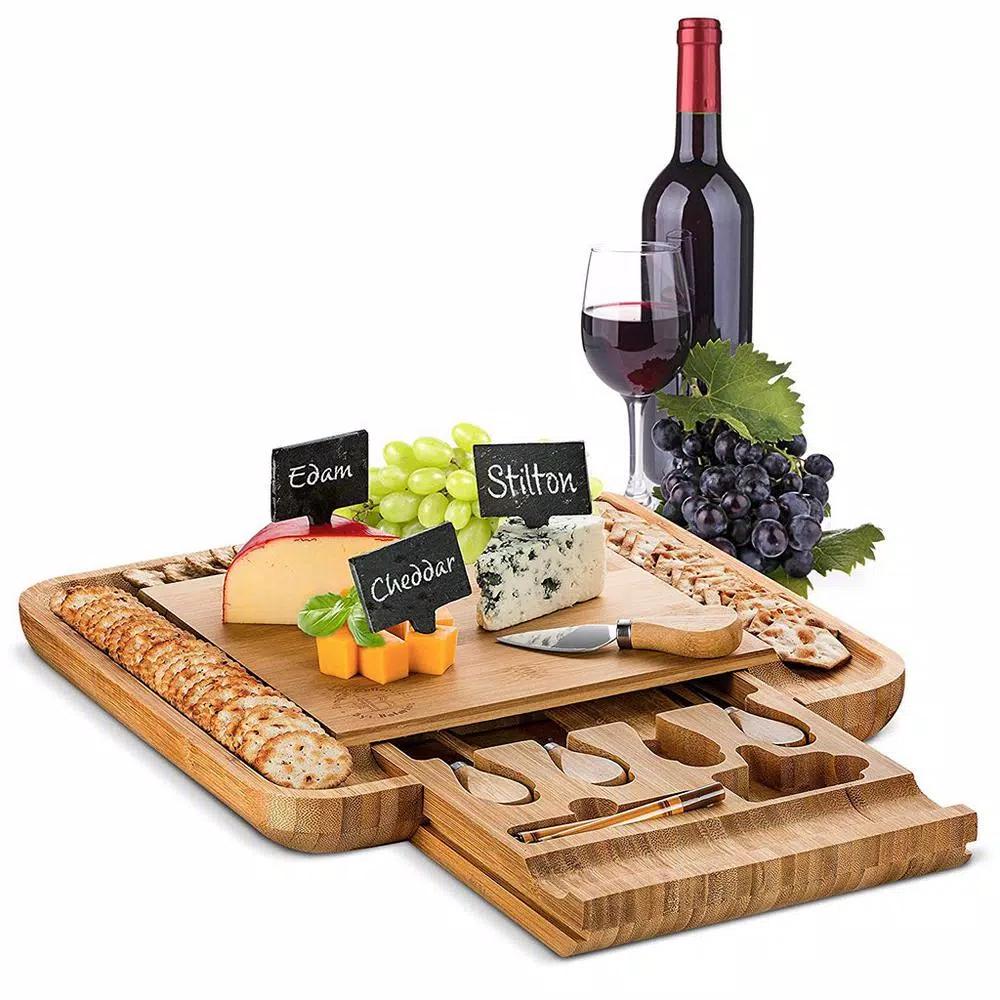 Bambusi Bambsi Bamboo Cheese Board and Cutlery Set with Slide Out Drawer and 4 Utensils