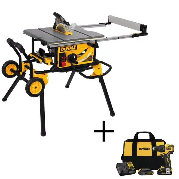 DEWALT 10 in. Job Site Table Saw with Rolling Stand & Bonus ATOMIC 20V MAX 1/2 in. Drill Driver Kit