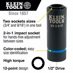 Klein Tools 1/2 in. Drive 2-in-1 Deep Impact Socket, 12-Point, 3/4 in. and 9/16 in. Dual Hex Sizes thumbnail 2