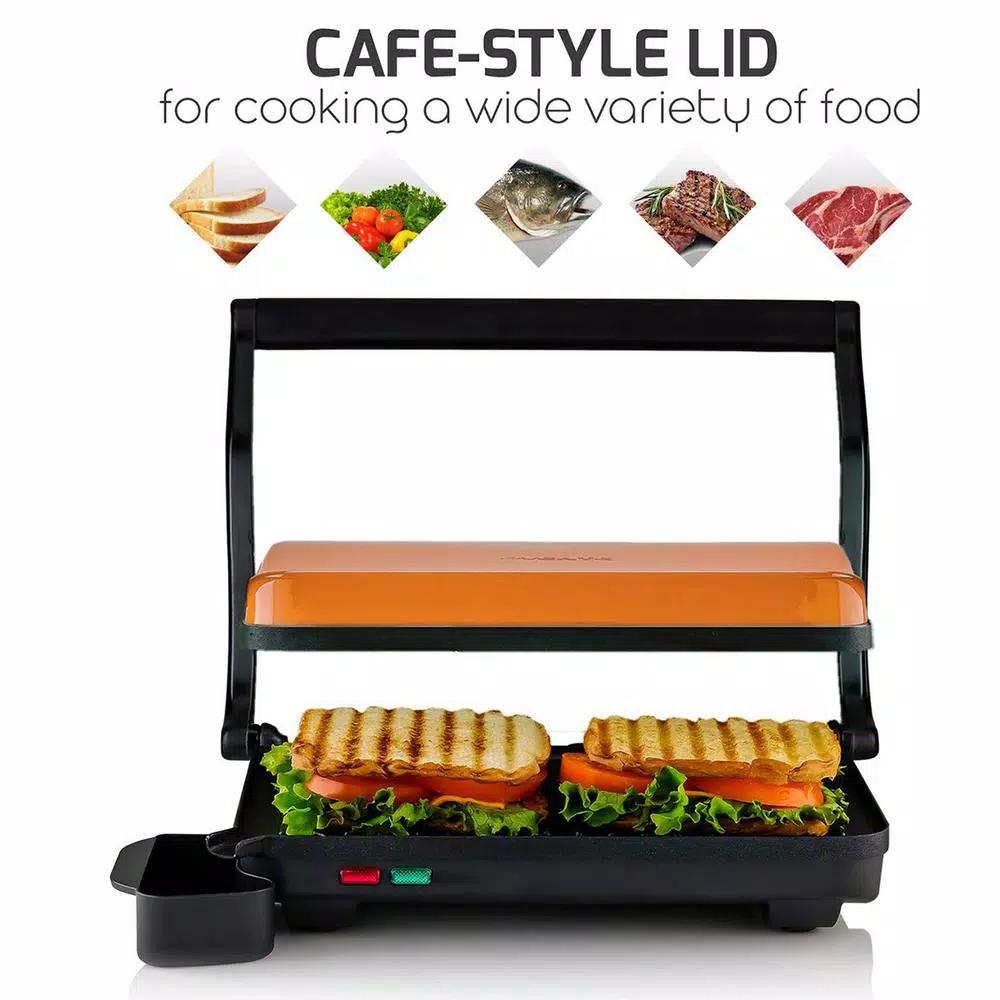 Ovente 1000W Copper Electric Panini Press Grill, 2-Slice Sandwich Maker with Drip Tray