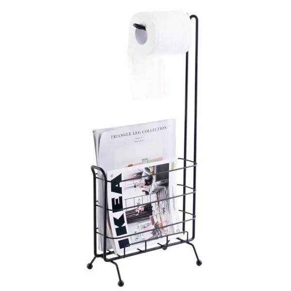Basicwise Black Metal Toilet Paper Holder and Magazine Rack, Freestanding Dual-Purpose Bathroom Storage