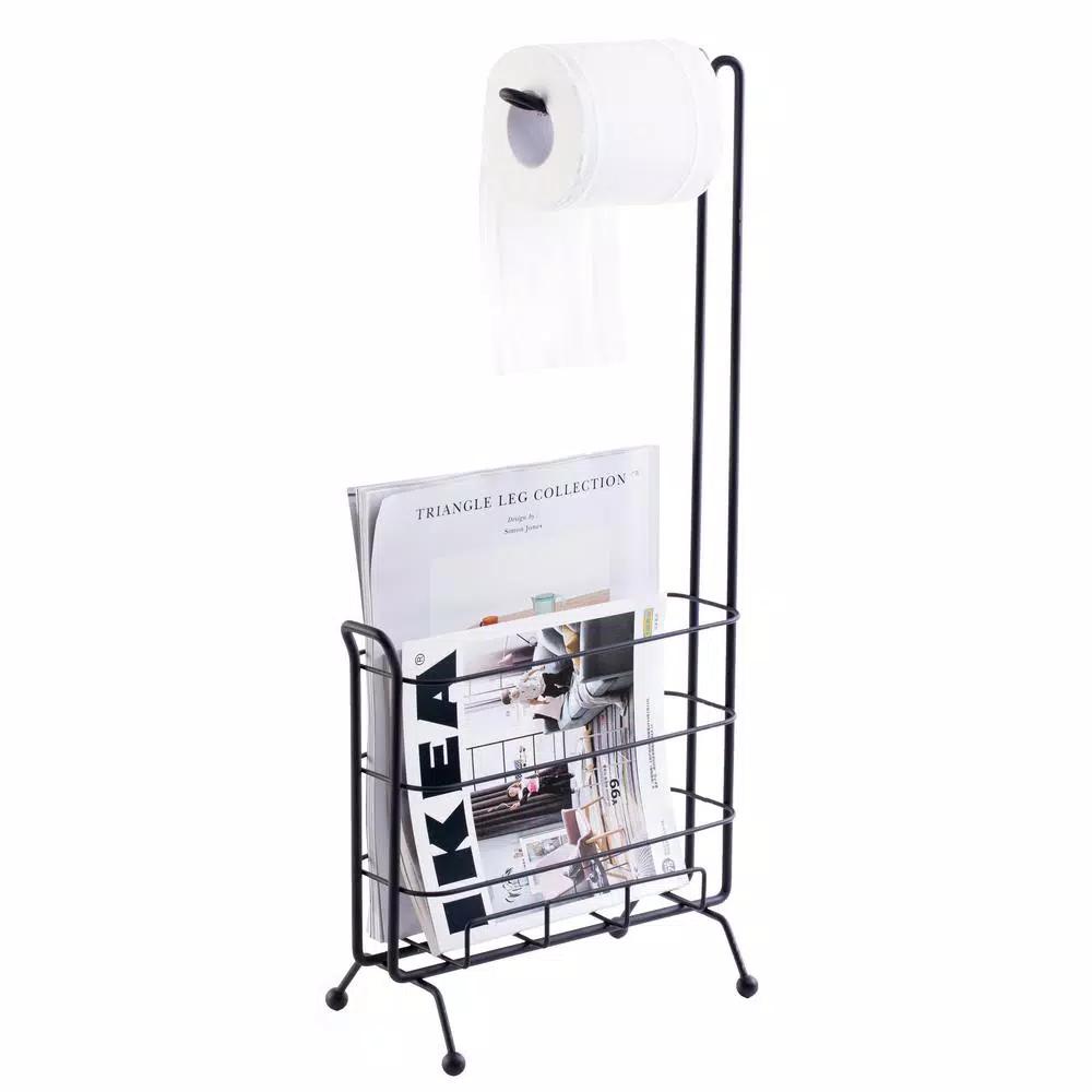 Basicwise Black Metal Toilet Paper Holder and Magazine Rack, Freestanding Dual-Purpose Bathroom Storage