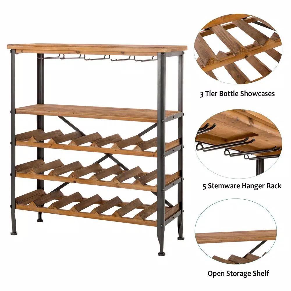 Glitzhome 34.25 in. Vintage Wood and Iron Wine Bottle and Glass Rack