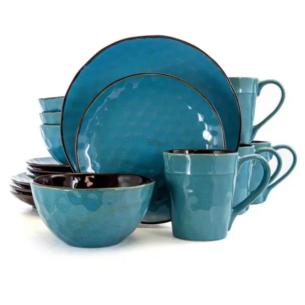 Elama Sea Glass 16-Piece Turquoise Stoneware Dinnerware Set, Service for 4