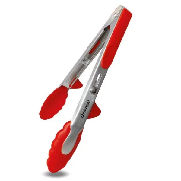 Chefright 12 in. Brushed Stainless Steel Magnetic Locking Tongs with Soft Rubber Grips (Set of 2)