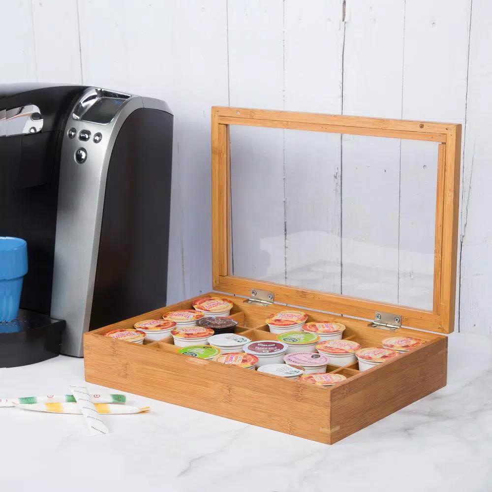 Creative Home Natural Bamboo Single Serve Coffee Pod Holder with Acrylic Cover, Holds 24 Pods