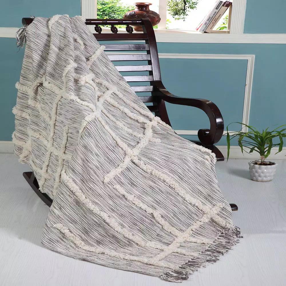 LR Resources Linework 50 in. x 60 in. Gray and Natural Abstract Tufted Cotton Throw Blanket
