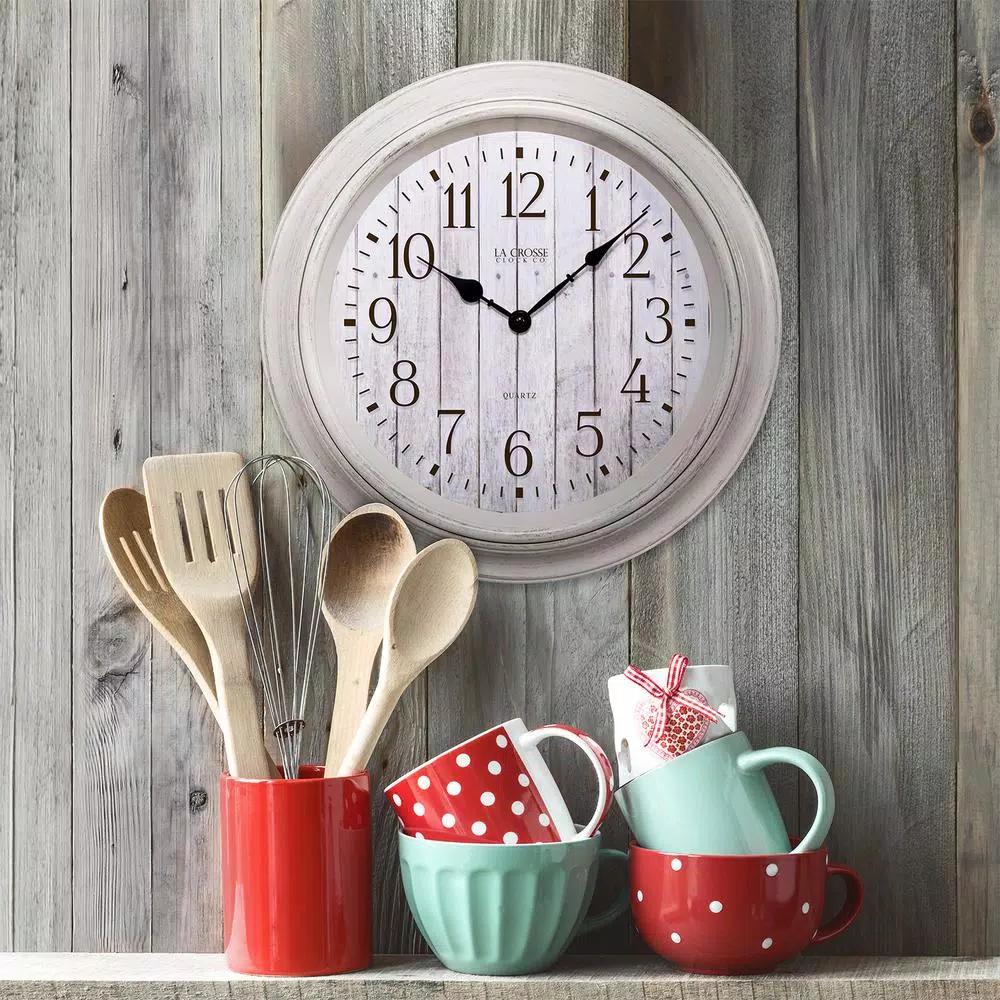 La Crosse Technology 14 in. Round White Distressed Barn Wood Style Wall Clock with Quartz Movement