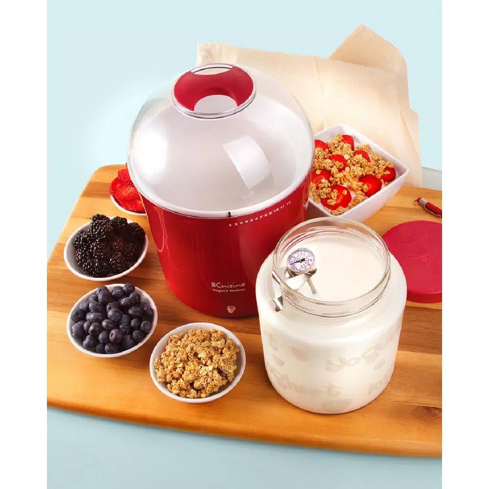 Euro Cuisine 2 Qt. Yogurt Maker with Glass Jar, Stainless Steel Thermometer, and Greek Yogurt Cotton Bag - Red