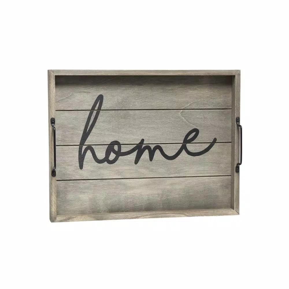 Elegant Designs Rustic Gray Wooden Decorative Serving Tray with Black Metal Handles