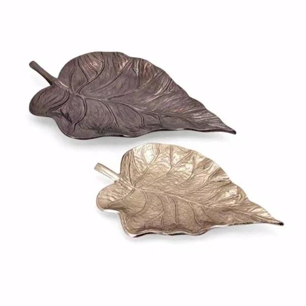 IMAX Mabon Bronze Decorative Leaf Trays, Set of 2, Cast Aluminum Gold and Bronze Finishes