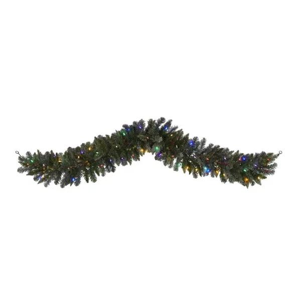 Nearly Natural 6 ft. Pre-Lit Flocked Artificial Christmas Pine Garland with 50 Multi-Colored LED Lights and Berries
