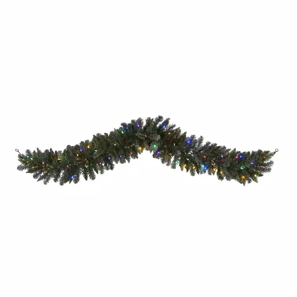 Nearly Natural 6 ft. Pre-Lit Flocked Artificial Christmas Pine Garland with 50 Multi-Colored LED Lights and Berries