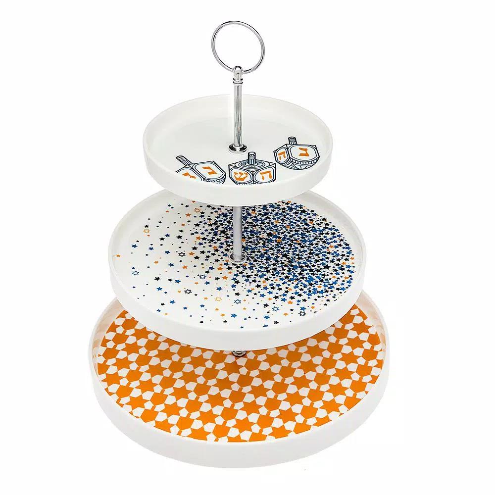 Godinger Chanukah 3-Tier Bone China Serving Tray, 10.75 in. x 12 in. White