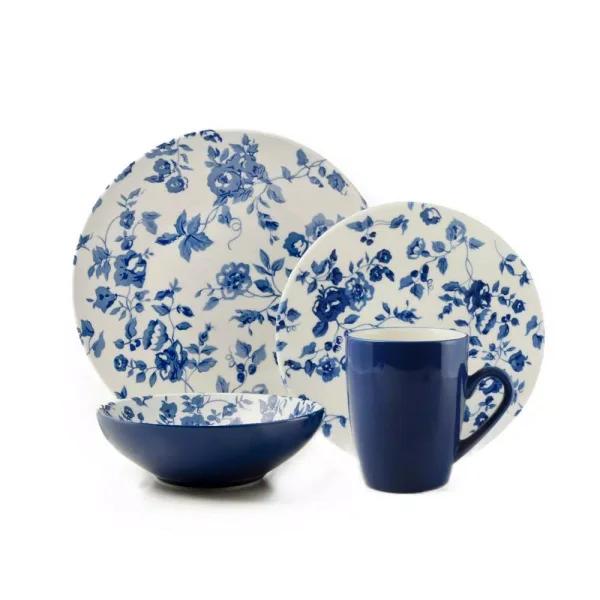 Thomson Pottery Laura Blue 16-Piece Stoneware Dinnerware Set - Old English Rose Design, Service for 4