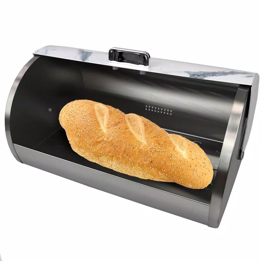 Unbranded White Marble Pattern Steel Bread Box with Roll Top Lid
