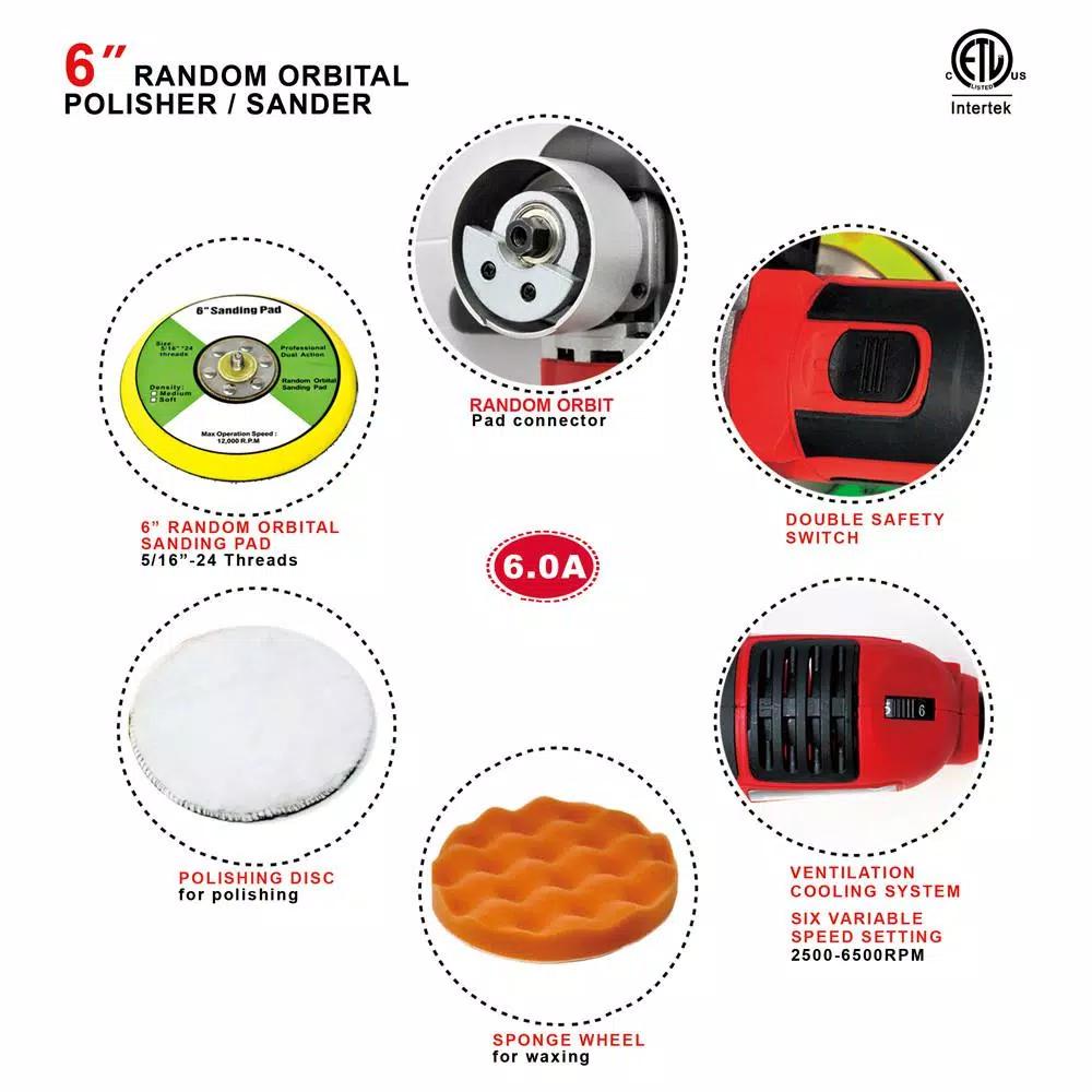 Boyel Living 6 in. Corded Orbital Sander and Polisher, 6 Amp, 6-Speed Variable RPM, 2500-6500 RPM