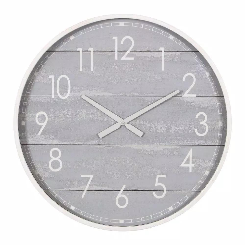 Pinnacle 28 in. Gray Washed Wood Plank Round Wall Clock - Rustic Farmhouse Decor