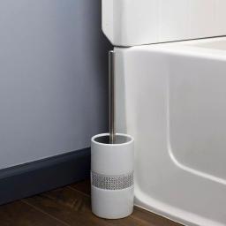 Unbranded White Ceramic Toilet Brush Holder with Sequin Accents and Stainless Steel Handle thumbnail 4