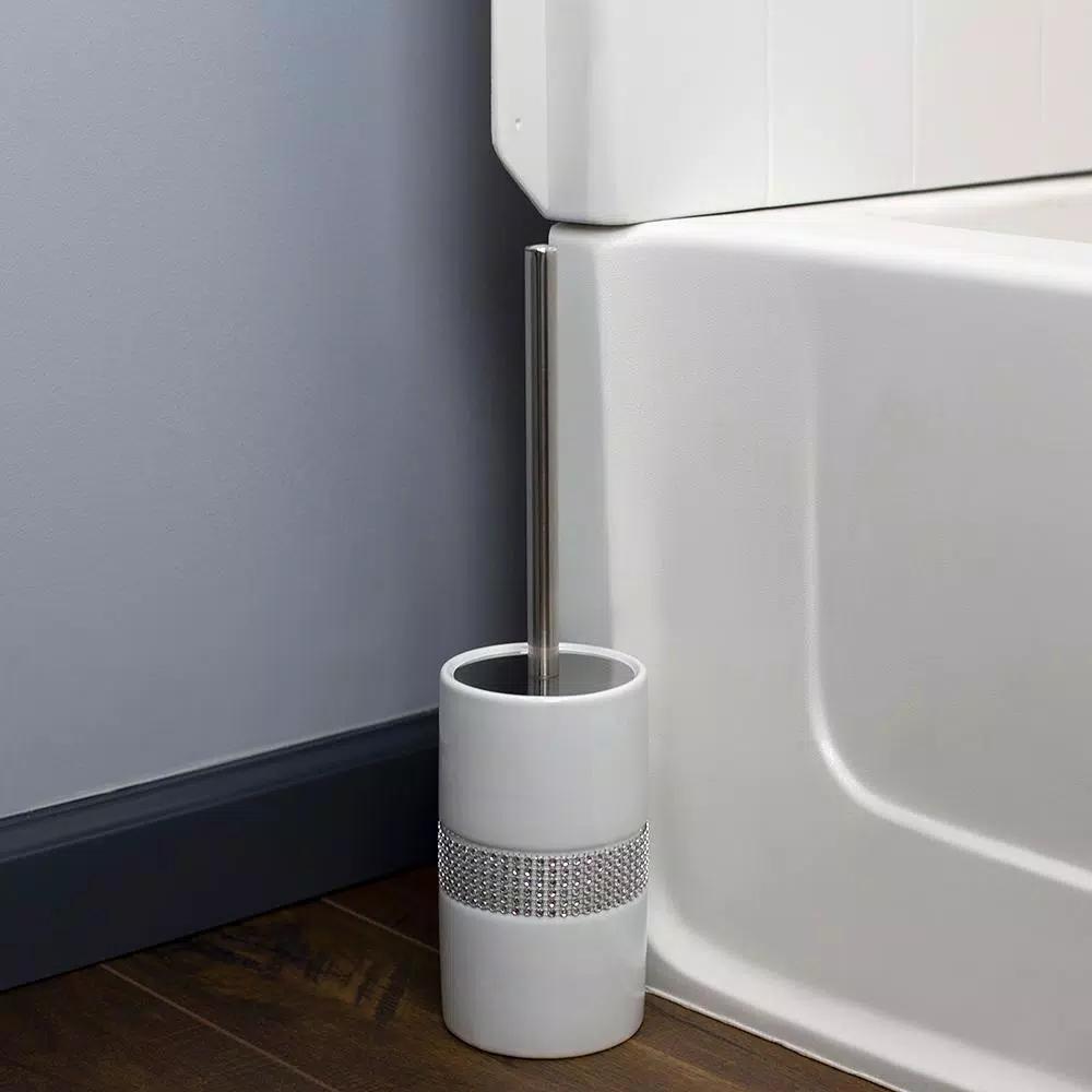 Unbranded White Ceramic Toilet Brush Holder with Sequin Accents and Stainless Steel Handle