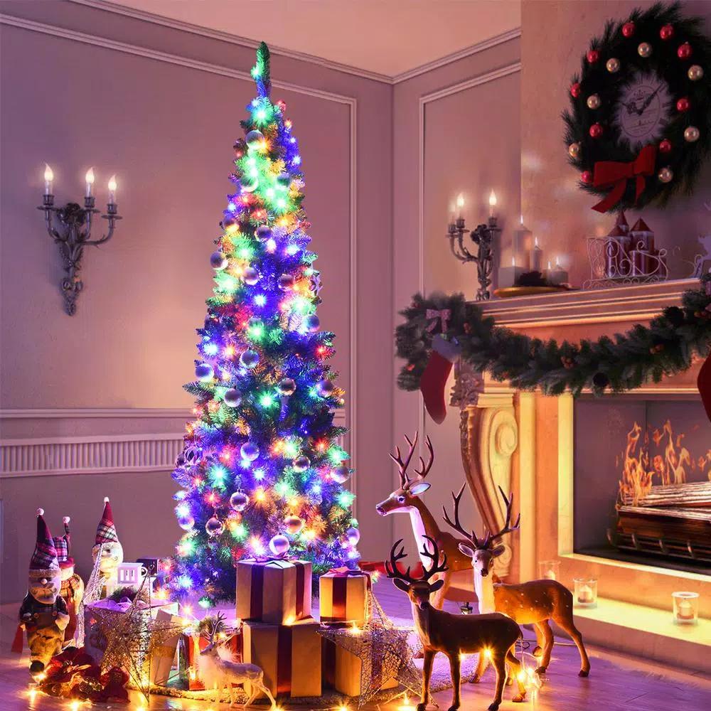 Costway 7.5 ft. Pre-Lit Slim Pencil Artificial Christmas Tree with 350 Multi-Color LED Lights