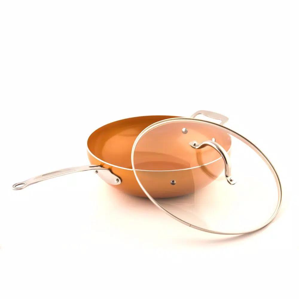 MasterPan Original Copper Pan 12 in. Non-Stick Ceramic Wok with Tempered Glass Lid