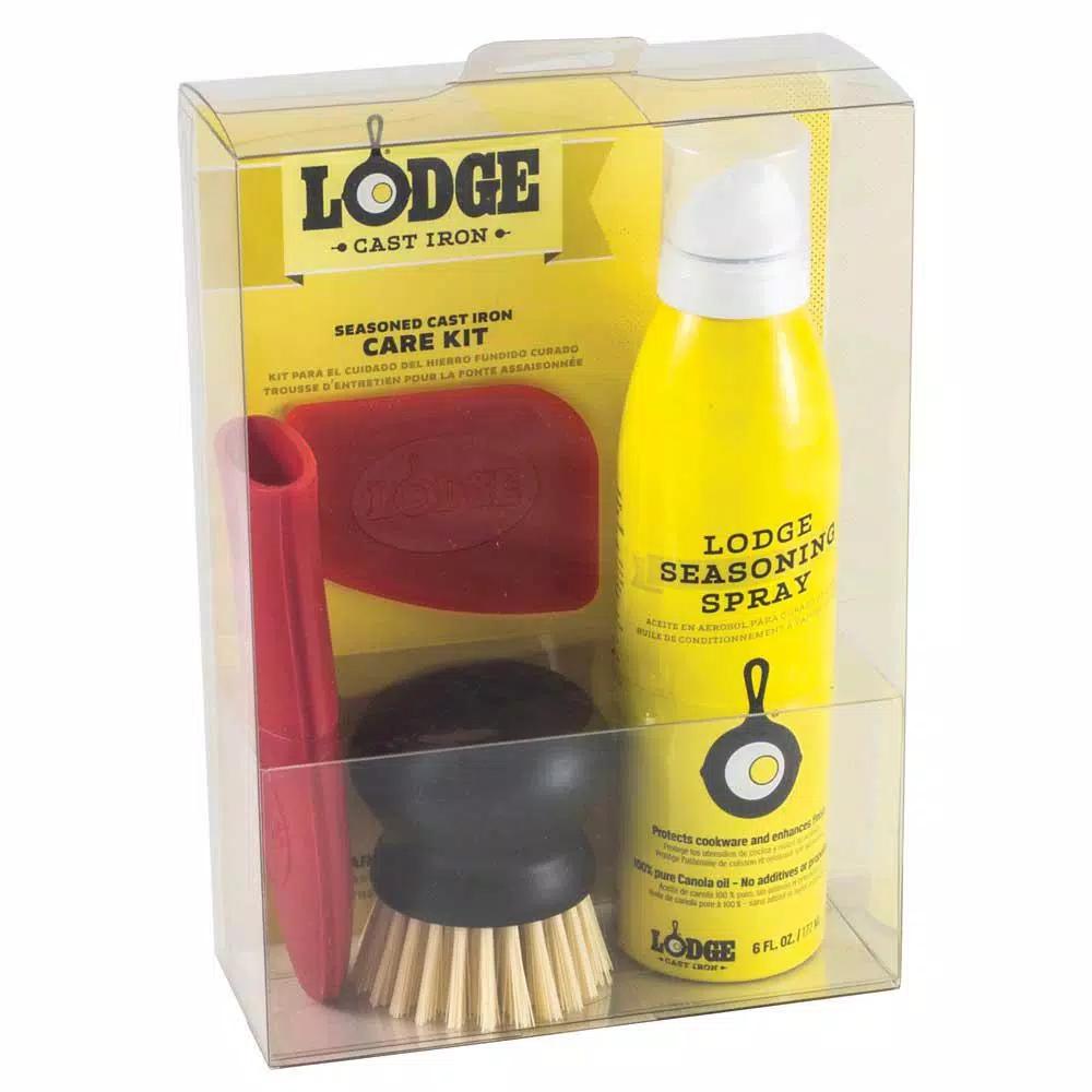 Lodge Seasoned Cast Iron Care Kit with Seasoning Spray, Pan Scraper, Silicone Handle Holder and Scrub Brush