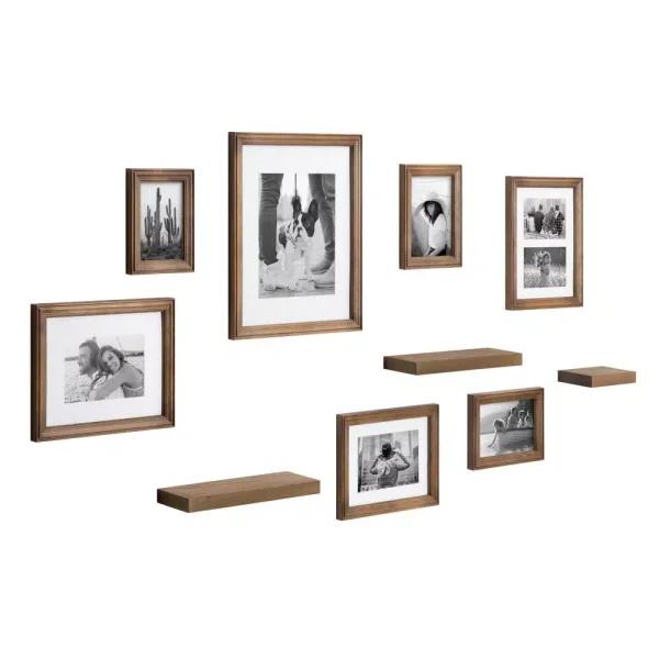 Kate and Laurel Bordeaux Natural Wood Gallery Wall Frame and Shelf Set, 10-Piece Rustic Decor Kit