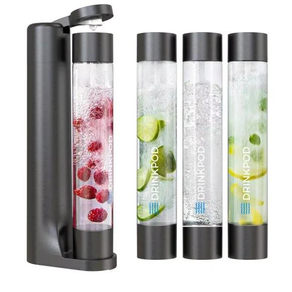 Drinkpod FIZZPod Black One-Touch Sparkling Soda Maker Machine with 3 PET Bottles