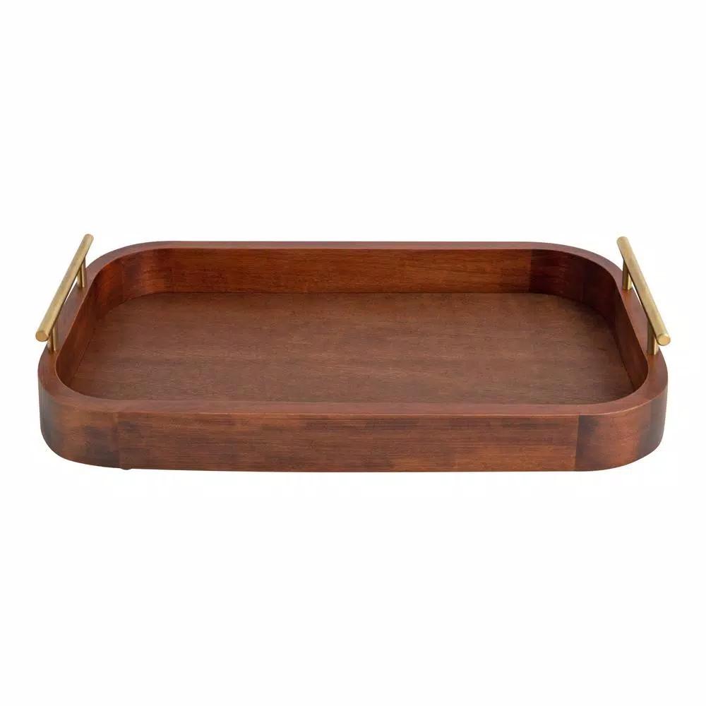 Kate and Laurel Lipton Walnut Brown Wood Decorative Tray with Gold Handles