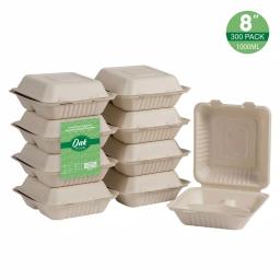 Unbranded 8 in. Natural Sugarcane 3-Compartment Sectional Clamshell Containers, 300 Pack thumbnail 2