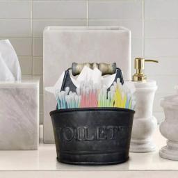 Benzara Dark Gray Iron Toilet Caddy with Wooden Handles and Embossed Tiolette Text thumbnail 6