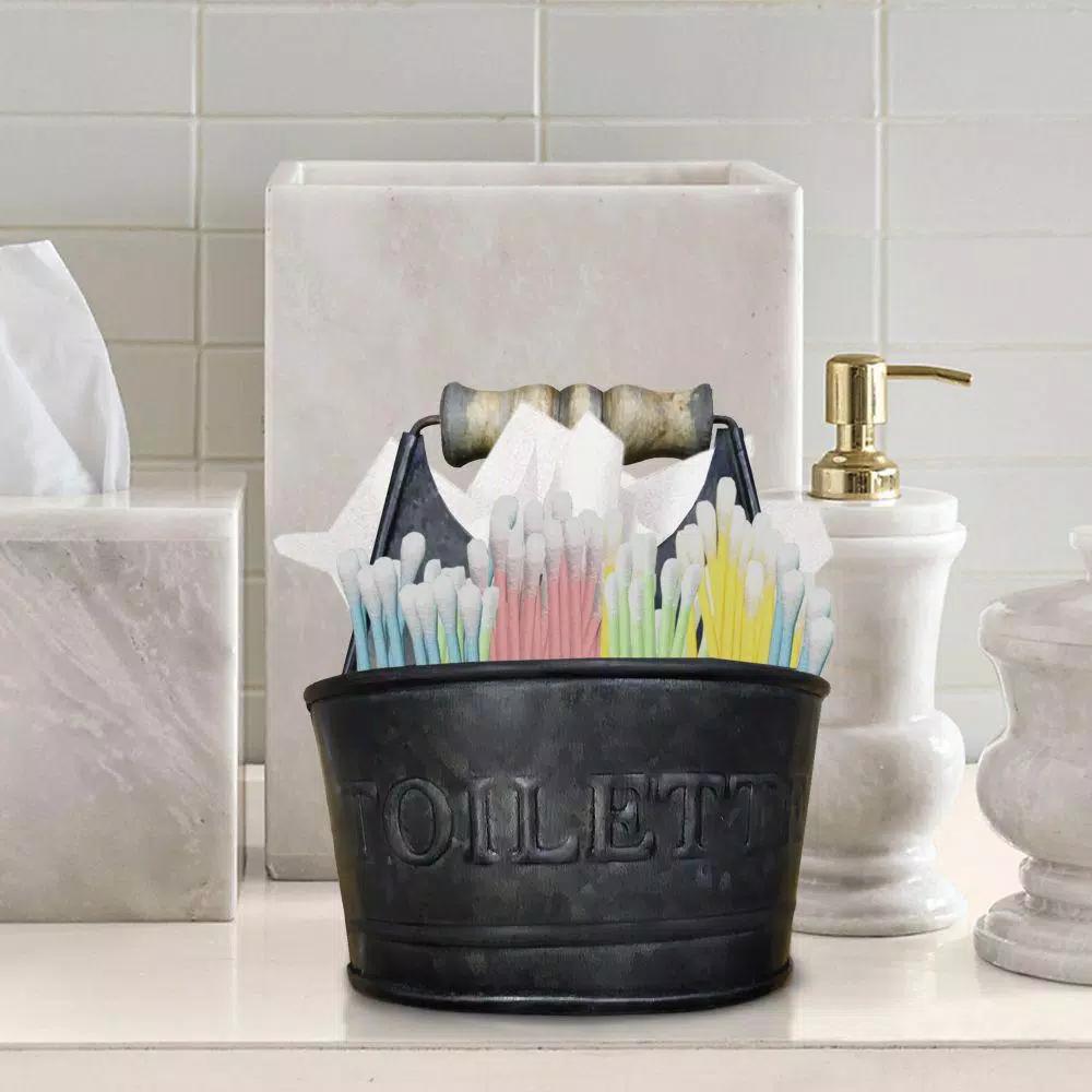 Benzara Dark Gray Iron Toilet Caddy with Wooden Handles and Embossed Tiolette Text
