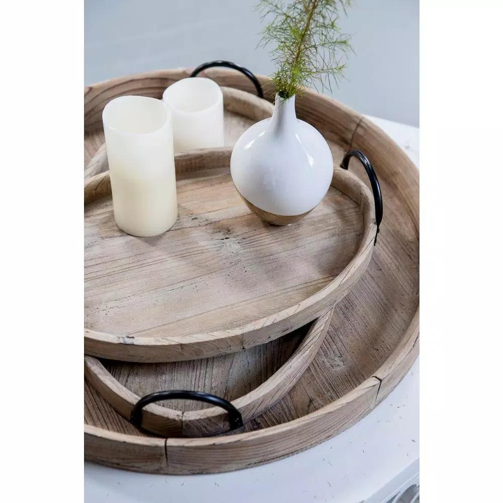 A & B Home Farmers Market Natural Wood Round Serving Trays, Set of 2