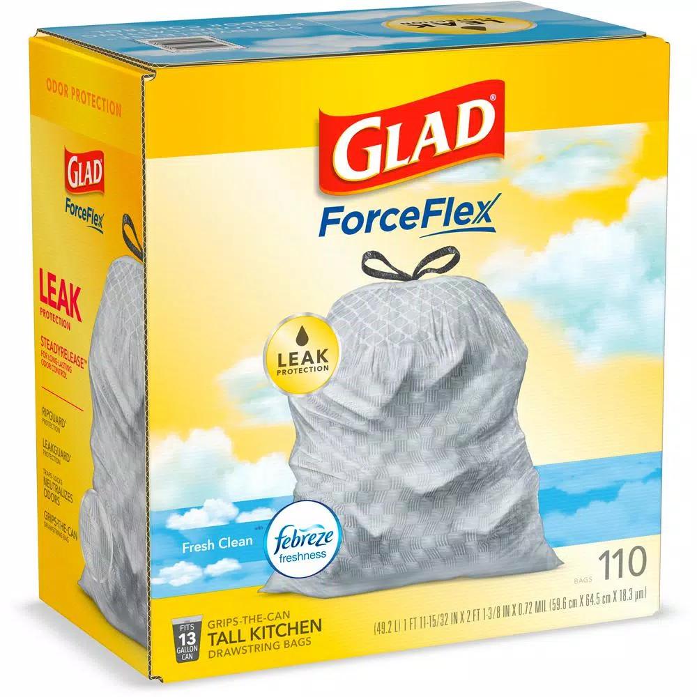 Glad ForceFlex 13 Gallon Tall Kitchen Drawstring Trash Bags, Fresh Clean Scent with Febreze, 110 Count