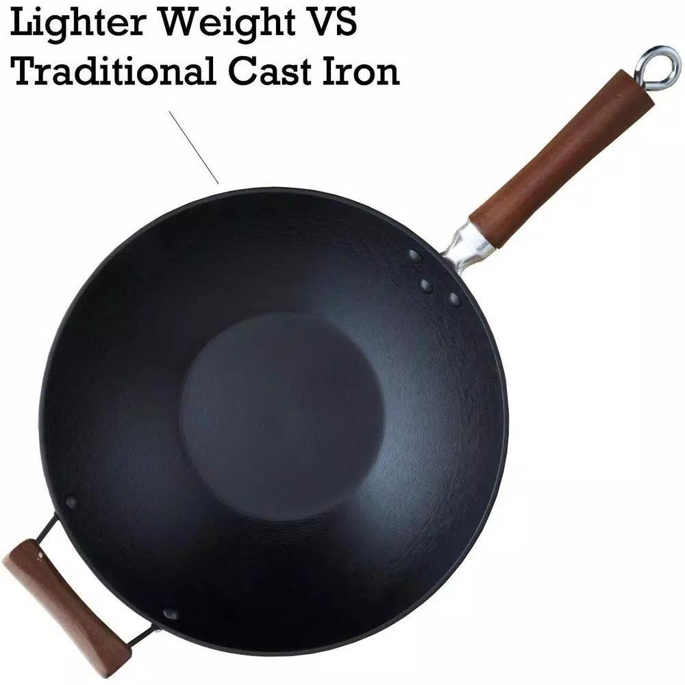 IMUSA 14 in. Light Cast Iron Pre-Seasoned Wok with Wood Handle
