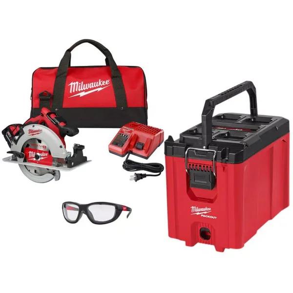 Milwaukee M18 7-1/4 in. Brushless Cordless Circular Saw Kit with 5.0 Ah Battery and PACKOUT 10 in. Compact Tool Box