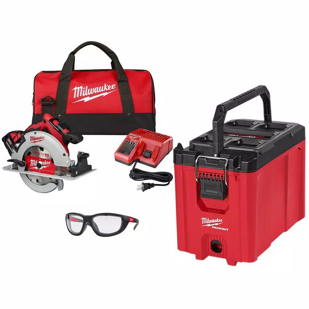 Milwaukee M18 7-1/4 in. Brushless Cordless Circular Saw Kit with 5.0 Ah Battery and PACKOUT 10 in. Compact Tool Box
