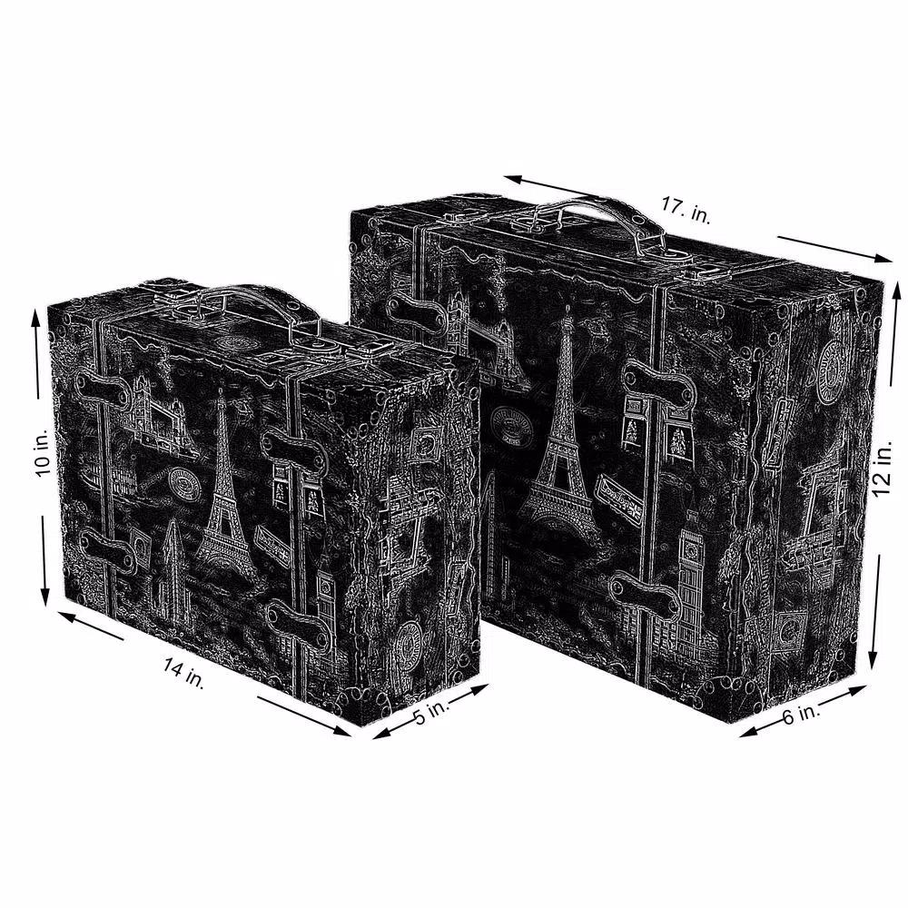 Vintiquewise Set of 2 Vintage-Style World Map Wooden Suitcase Trunks with Leather Straps - Green