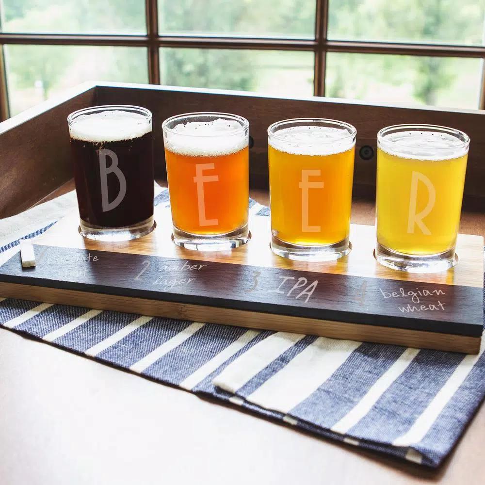 Cathy's Concepts Bamboo and Slate Craft Beer Tasting Flight Set with 4 Engraved 5.5 oz. Taster Glasses