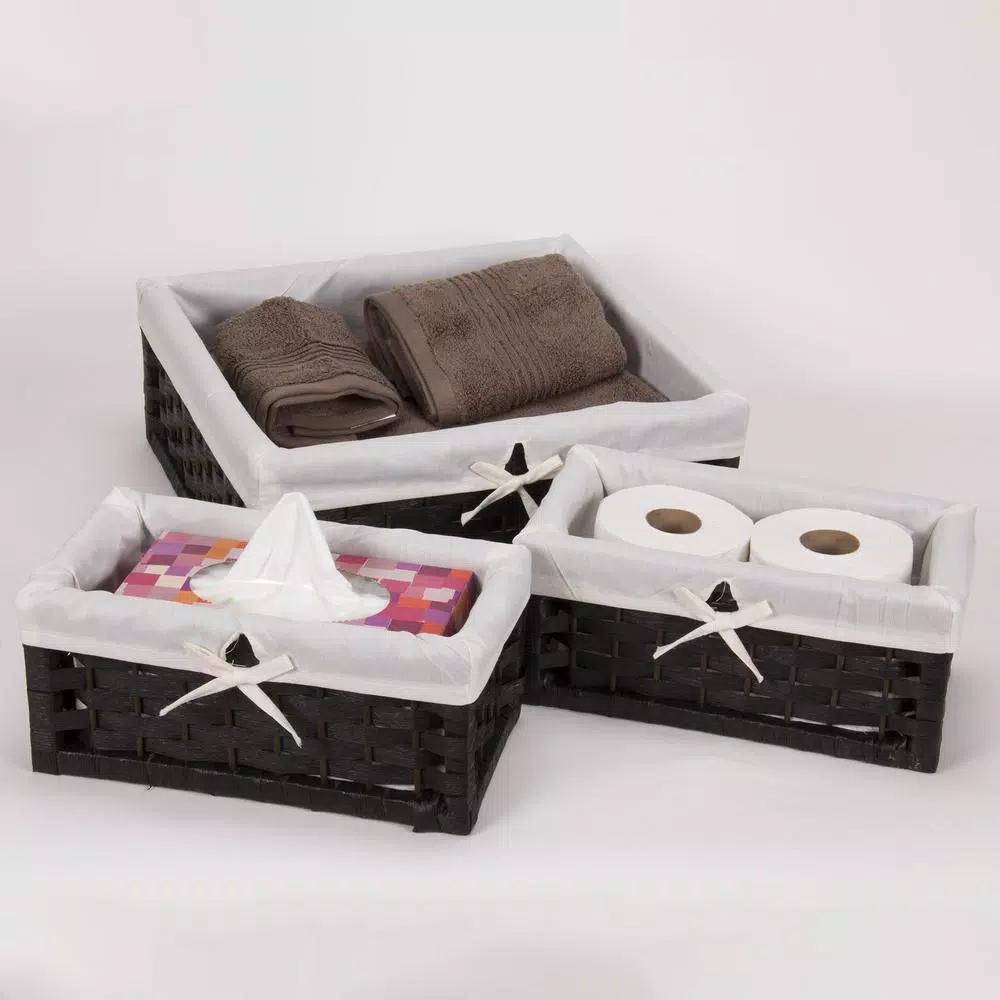 Household Essentials Black Paper Rope Wicker Utility Basket Set of 3 with Washable Cotton Liners