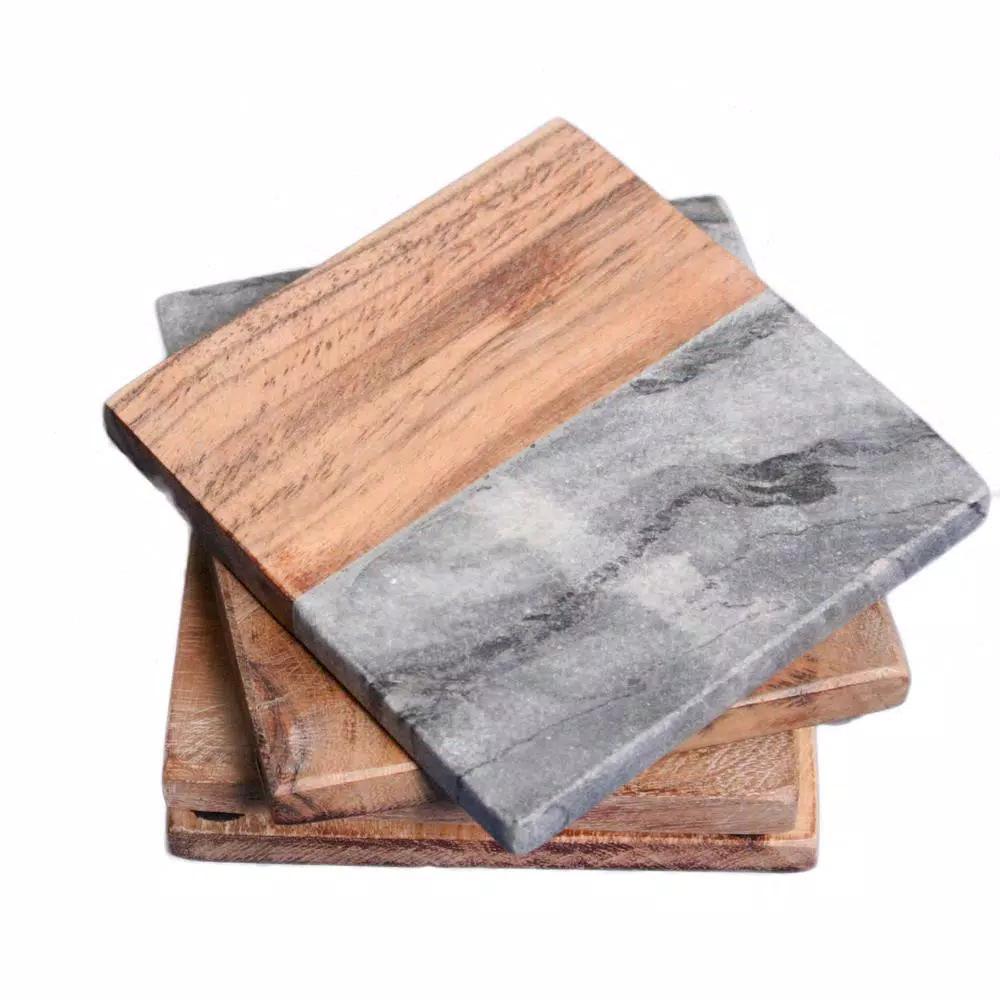 Unbranded Jodhpuri 4-Piece Ocean Gray Marble and Acacia Wood Coaster Set