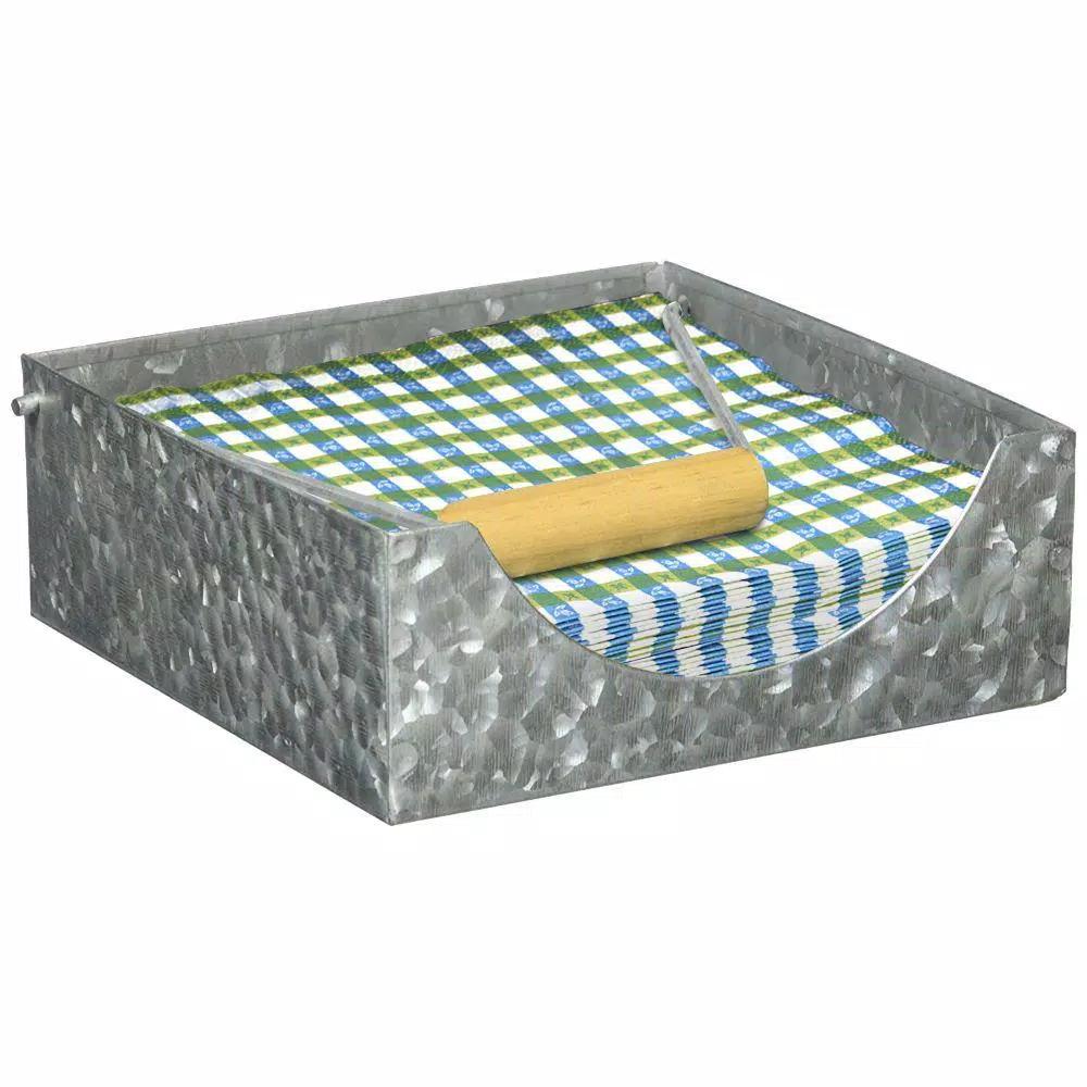 Benzara Galvanized Steel Napkin Holder with Folding Wooden Handle - Gray Vintage Style