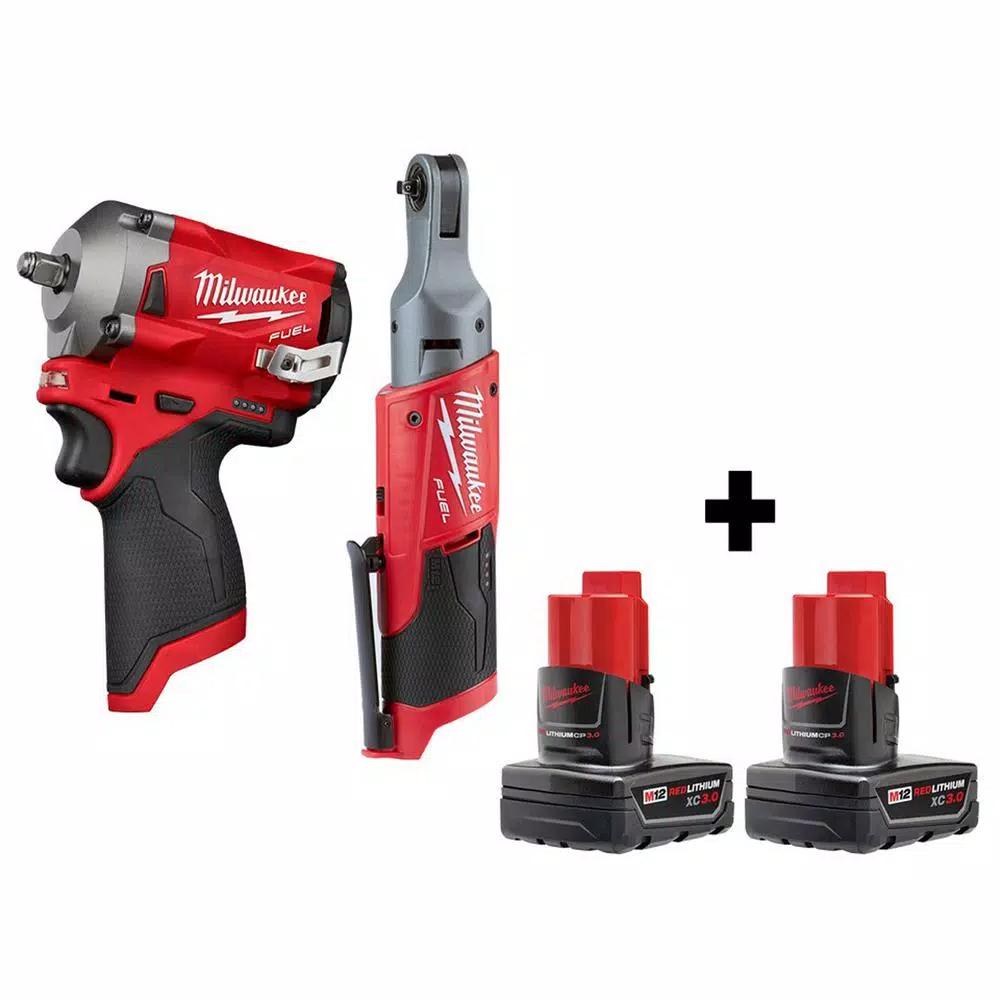 Milwaukee M12 FUEL 12V Cordless 3/8 in. Stubby Impact Wrench & 1/4 in. Ratchet Combo Kit with (2) 3.0 Ah Batteries